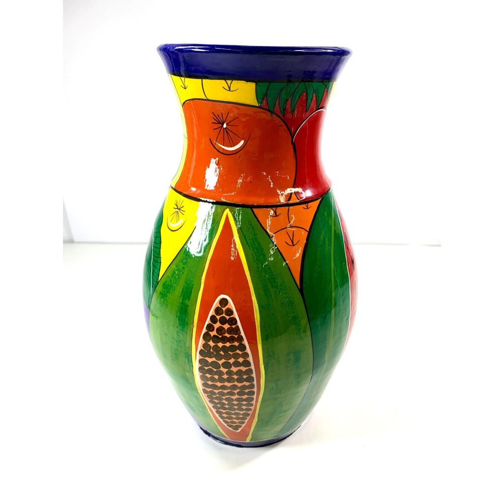 Hand Painted Mexican Pottery Vase  Folk Art Fruit Design Multi - Tropical Color